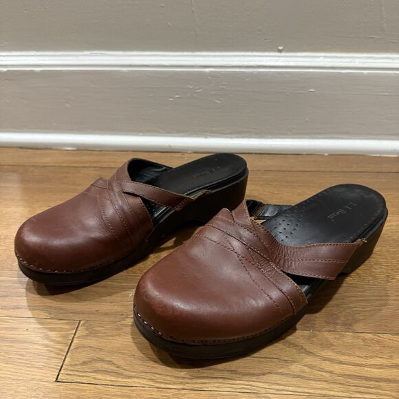 L L Bean Womens Brown Leather Clogs Mules Slip-On Shoes Made In Brazil 41 US 10 - Picture 3 of 7